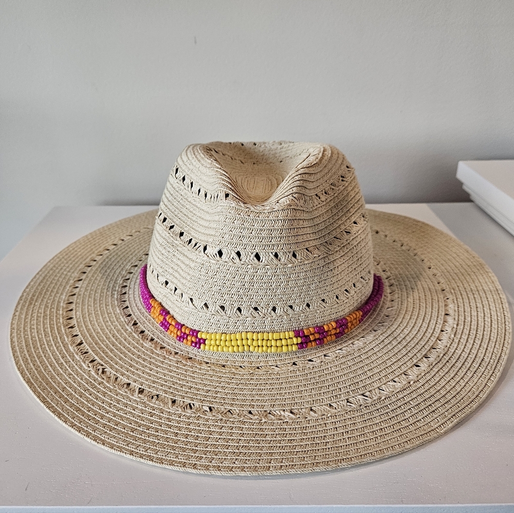 Beige Straw Cowgirl Hat with Pink and Yellow Accent